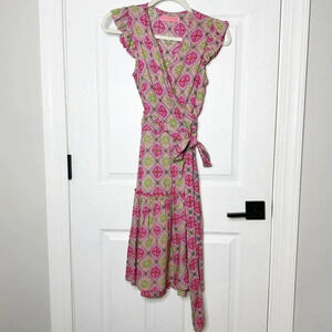 FEATHER & FIND Pink Medallion Multicolor Wrap Dress Size Small Ruffle Sleeve